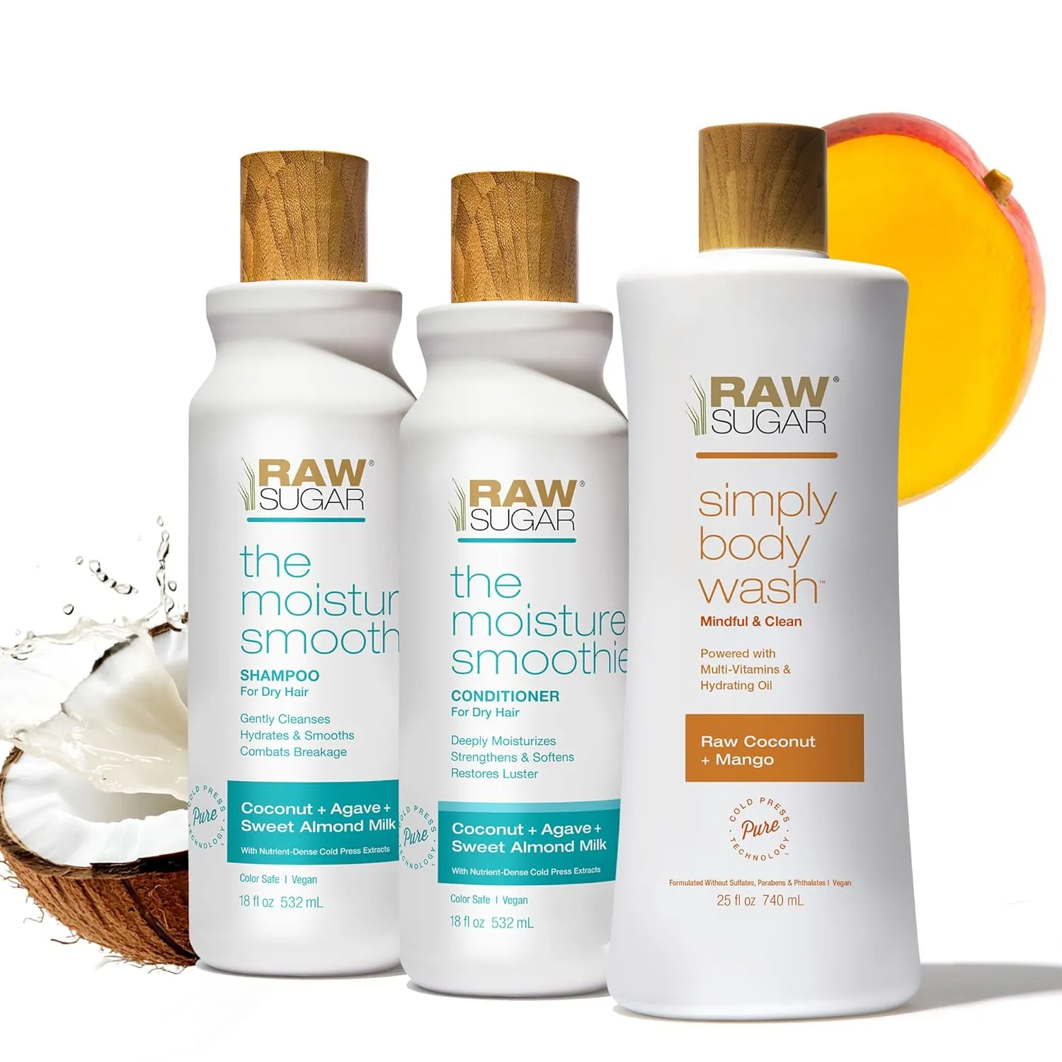 Raw Sugar The Moisture Smoothie Shampoo and Conditioner Set and Coconut   Mango Body Wash (Pack of 3) Strengthens & Restores Dry Hair, Moisturizes Skin, A Complete Haircare and Skincare Bundle