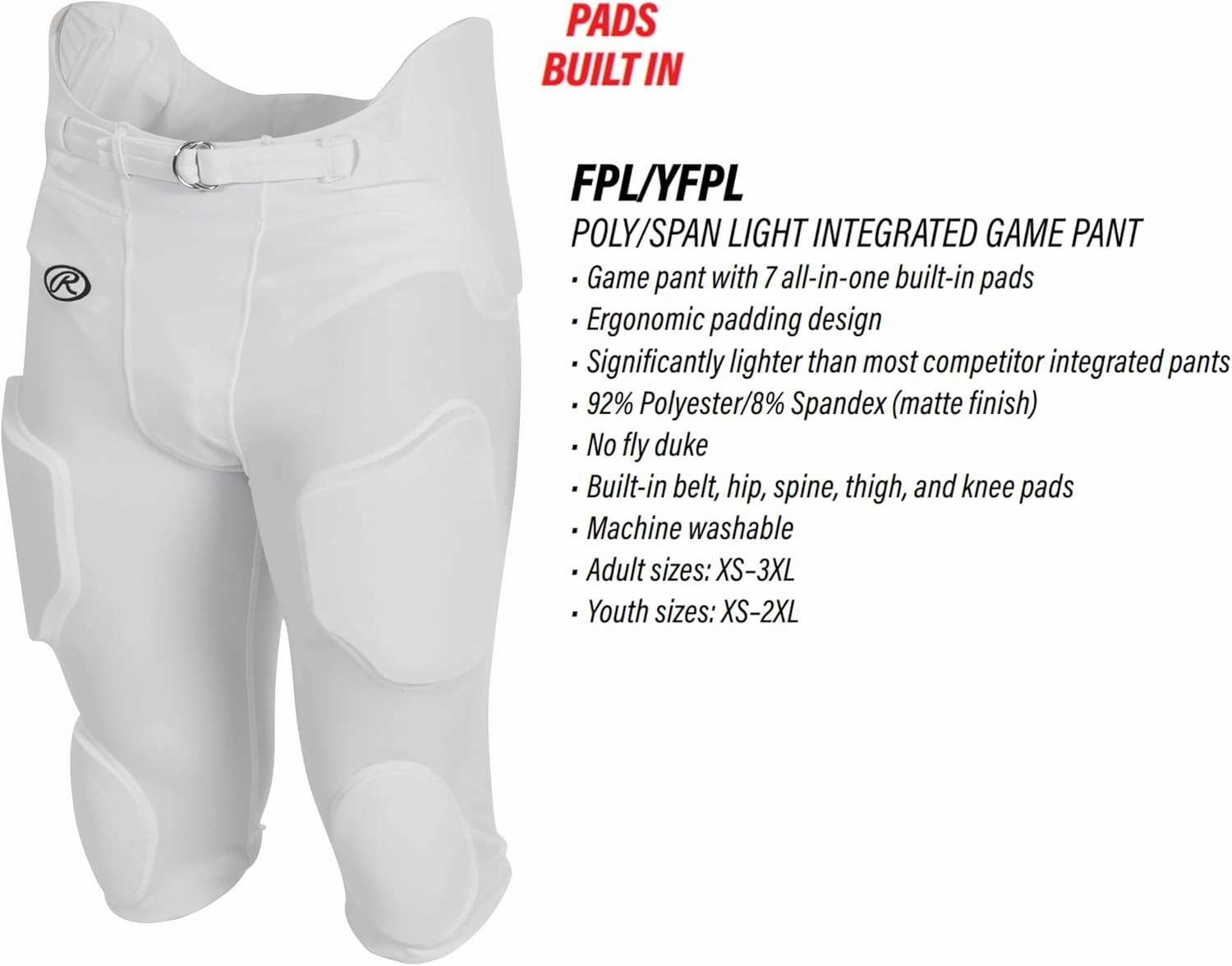 Rawlings | FPL Lightweight Football Pants | Integrated Pads | Practice / Game Use | Adult Sizes | Multiple Colors