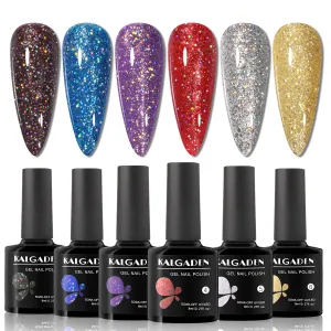 Reflective Glitter Gel Nail Polish Sets,6PCS 8ML Colorful Shiny Glitter Soak Off Diamond Sparkly Silver Red Gold Polish DIY Salon Manicure at Home for Woman