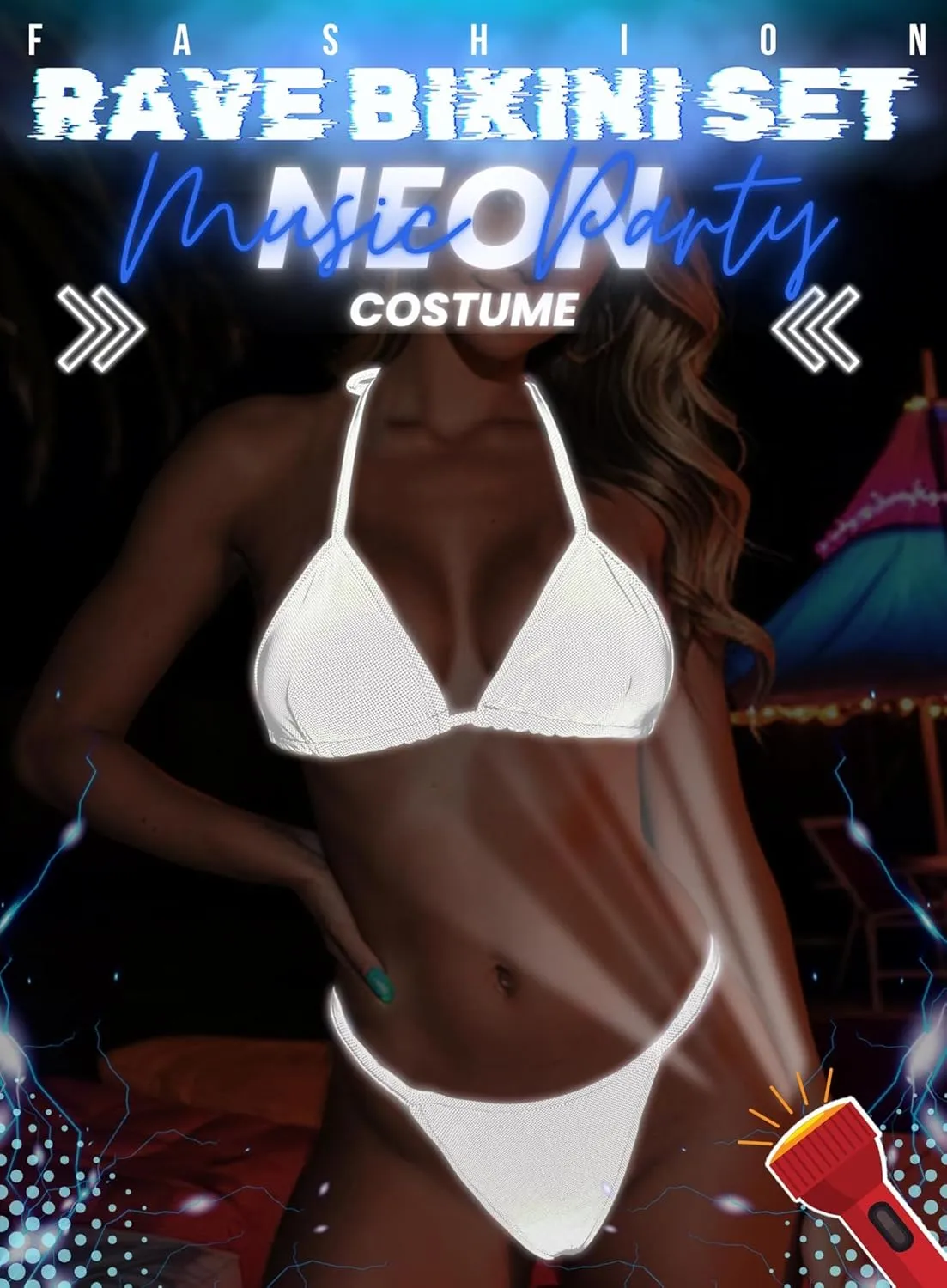 Reflective Rave Outfits for Women - Sexy Shiny Festival Halter Triangle Top Thong EDM Night Metallic Bikini Set