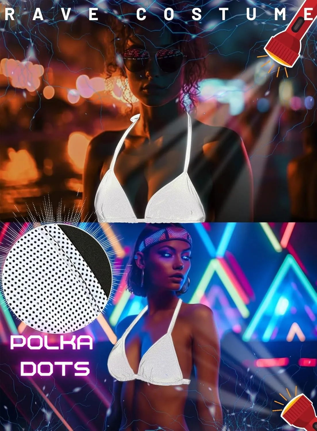 Reflective Rave Outfits for Women - Sexy Shiny Festival Halter Triangle Top Thong EDM Night Metallic Bikini Set