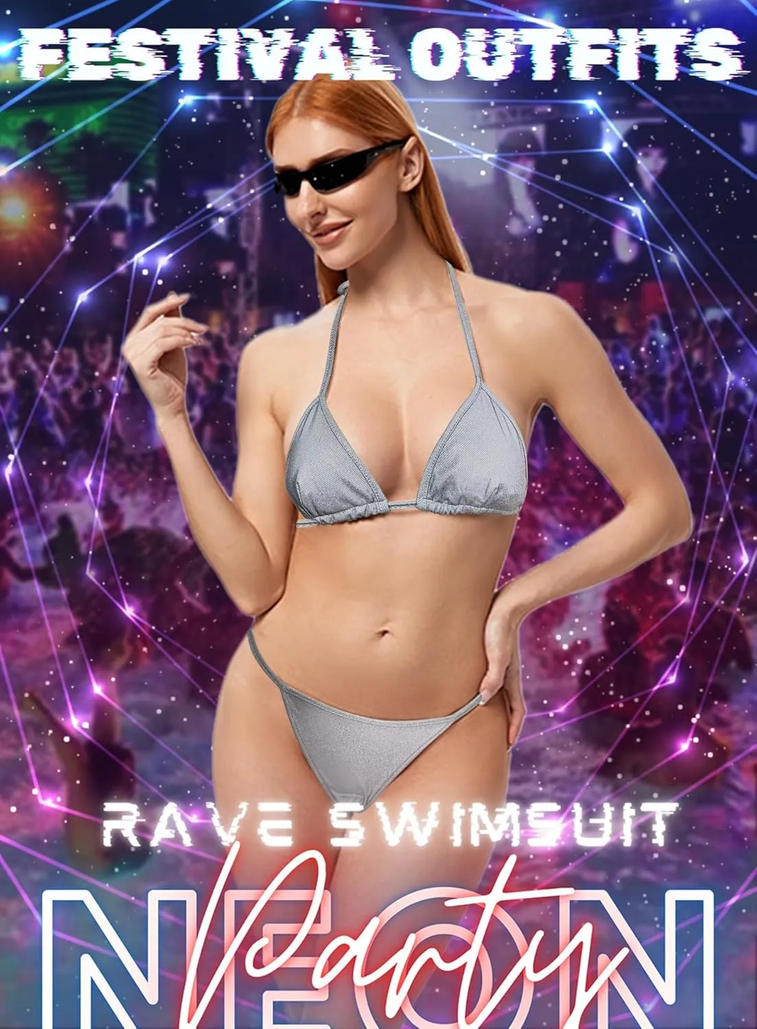 Reflective Rave Outfits for Women - Sexy Shiny Festival Halter Triangle Top Thong EDM Night Metallic Bikini Set