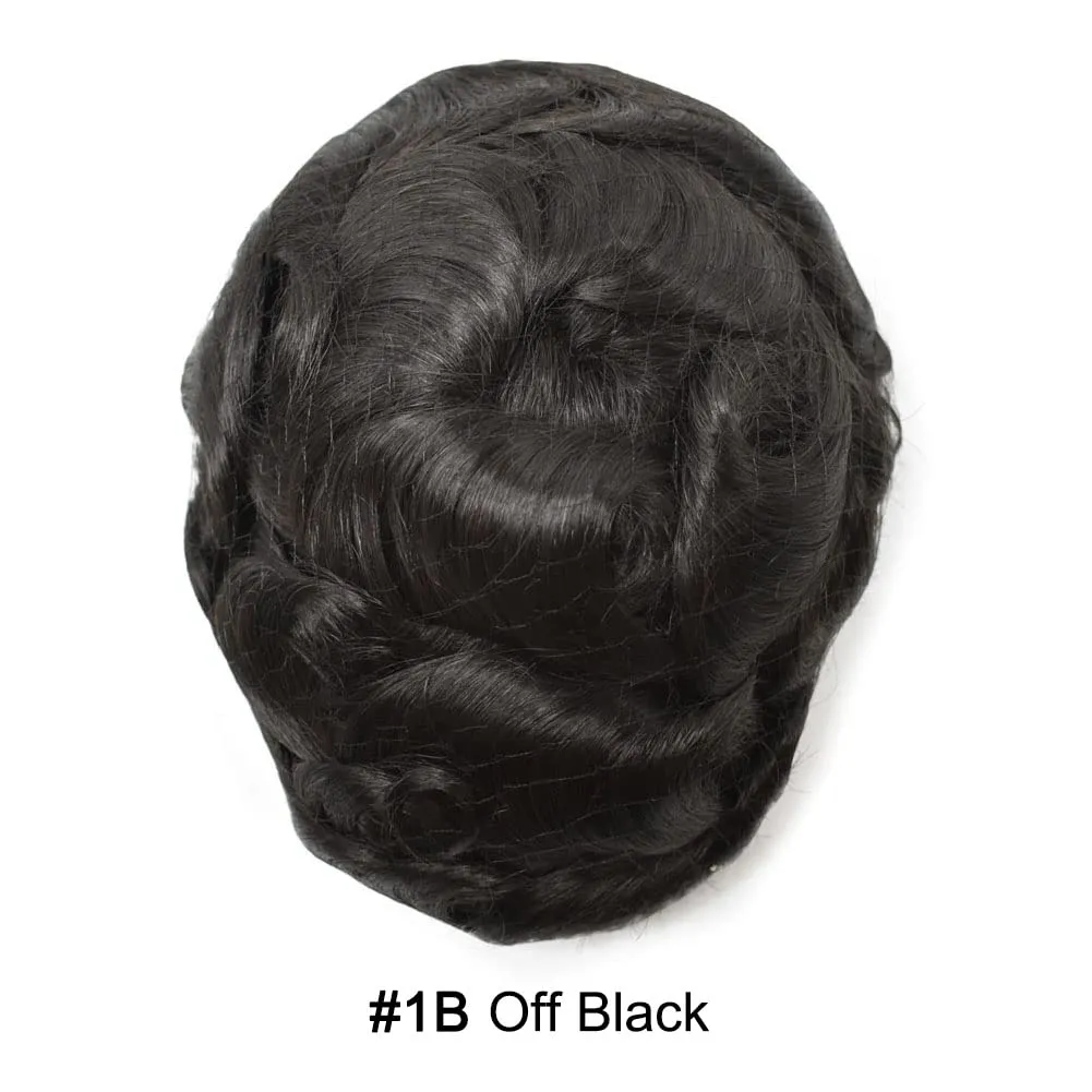 RESHE Mens Hair System French Lace Front Hair Pieces For Men Toupee For Men Real Human Hair Replacement System Slight Wavy Hand Tied Men's Hairpiece 5"X7"-100% Light medium density #1B