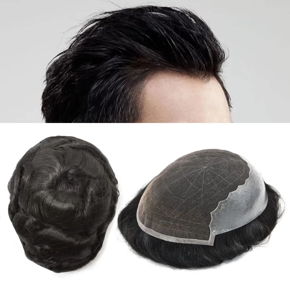 RESHE Mens Hair System French Lace Front Hair Pieces For Men Toupee For Men Real Human Hair Replacement System Slight Wavy Hand Tied Men's Hairpiece 5"X7"-100% Light medium density #1B