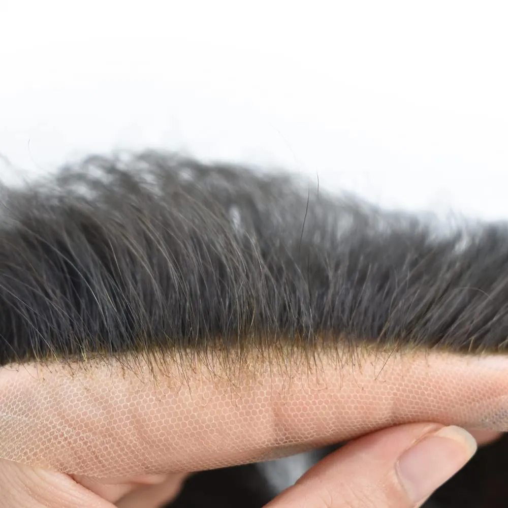 RESHE Mens Hair System French Lace Front Hair Pieces For Men Toupee For Men Real Human Hair Replacement System Slight Wavy Hand Tied Men's Hairpiece 5"X7"-100% Light medium density #1B