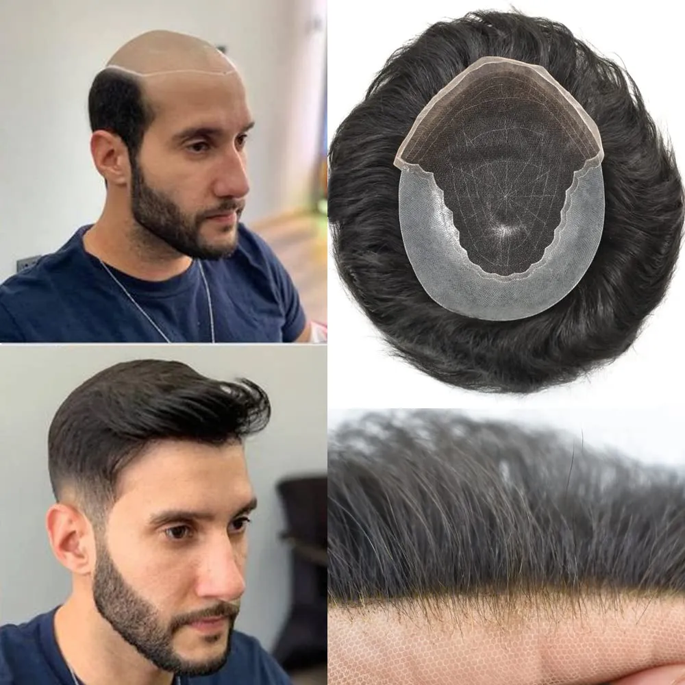 RESHE Mens Hair System French Lace Front Hair Pieces For Men Toupee For Men Real Human Hair Replacement System Slight Wavy Hand Tied Men's Hairpiece 5"X7"-100% Light medium density #1B