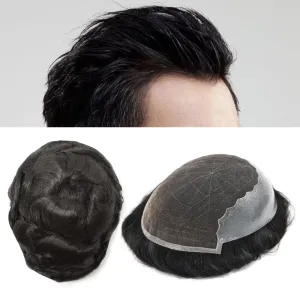 RESHE Mens Hair System French Lace Front Hair Pieces For Men Toupee For Men Real Human Hair Replacement System Slight Wavy Hand Tied Men's Hairpiece 5"X7"-100% Light medium density #1B
