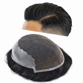 RESHE Mens Hair System French Lace Front Hair Pieces For Men Toupee For Men Real Human Hair Replacement System Slight Wavy Hand Tied Men's Hairpiece 5"X7"-120% Light medium to medium density #1
