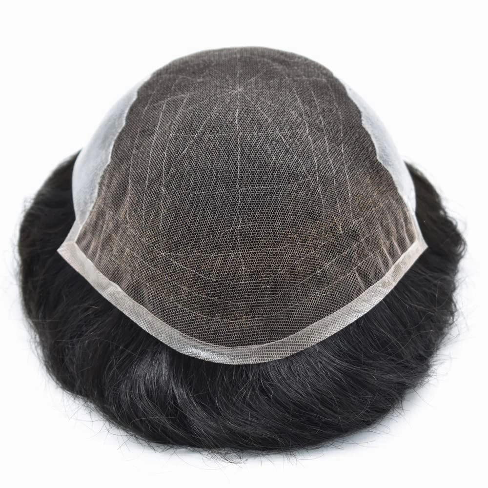 RESHE Mens Hair System French Lace Front Hair Pieces For Men Toupee For Men Real Human Hair Replacement System Slight Wavy Hand Tied Men's Hairpiece 5"X7"-120% Light medium to medium density #1