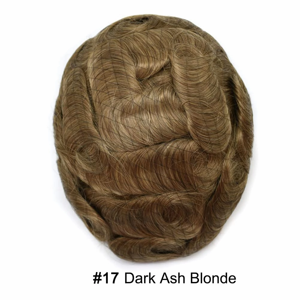 RESHE Mens Hair System French Lace Front Hair Pieces For Men Toupee For Men Real Human Hair Replacement System Slight Wavy Hand Tied Men's Hairpiece 7"X9"-100% Light medium density #17