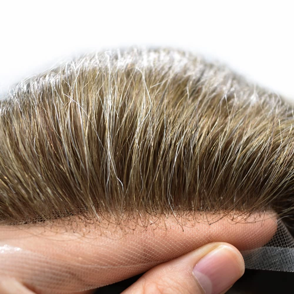 RESHE Mens Hair System French Lace Front Hair Pieces For Men Toupee For Men Real Human Hair Replacement System Slight Wavy Hand Tied Men's Hairpiece 7"X9"-100% Light medium density #17