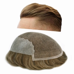RESHE Mens Hair System French Lace Front Hair Pieces For Men Toupee For Men Real Human Hair Replacement System Slight Wavy Hand Tied Men's Hairpiece 7"X9"-100% Light medium density #17