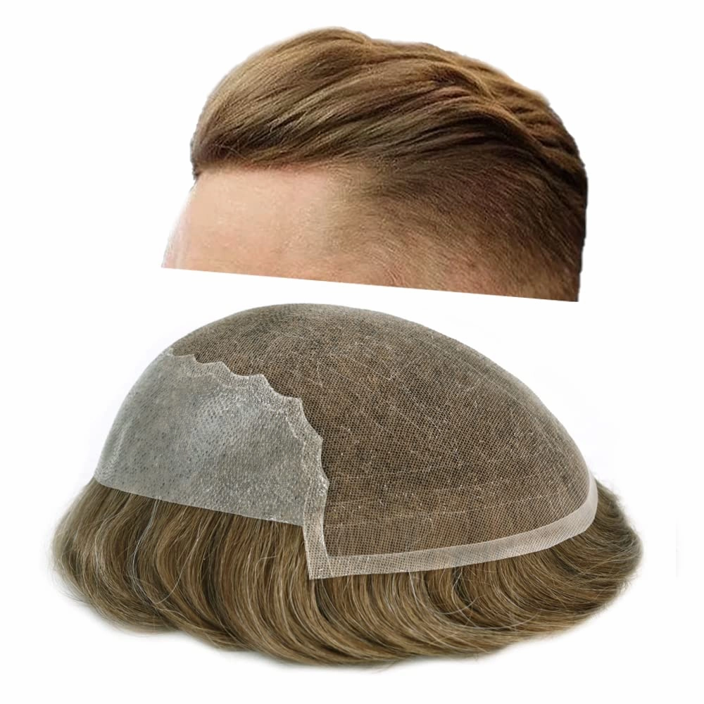 RESHE Mens Hair System French Lace Front Hair Pieces For Men Toupee For Men Real Human Hair Replacement System Slight Wavy Hand Tied Men's Hairpiece 7"X9"-100% Light medium density #17