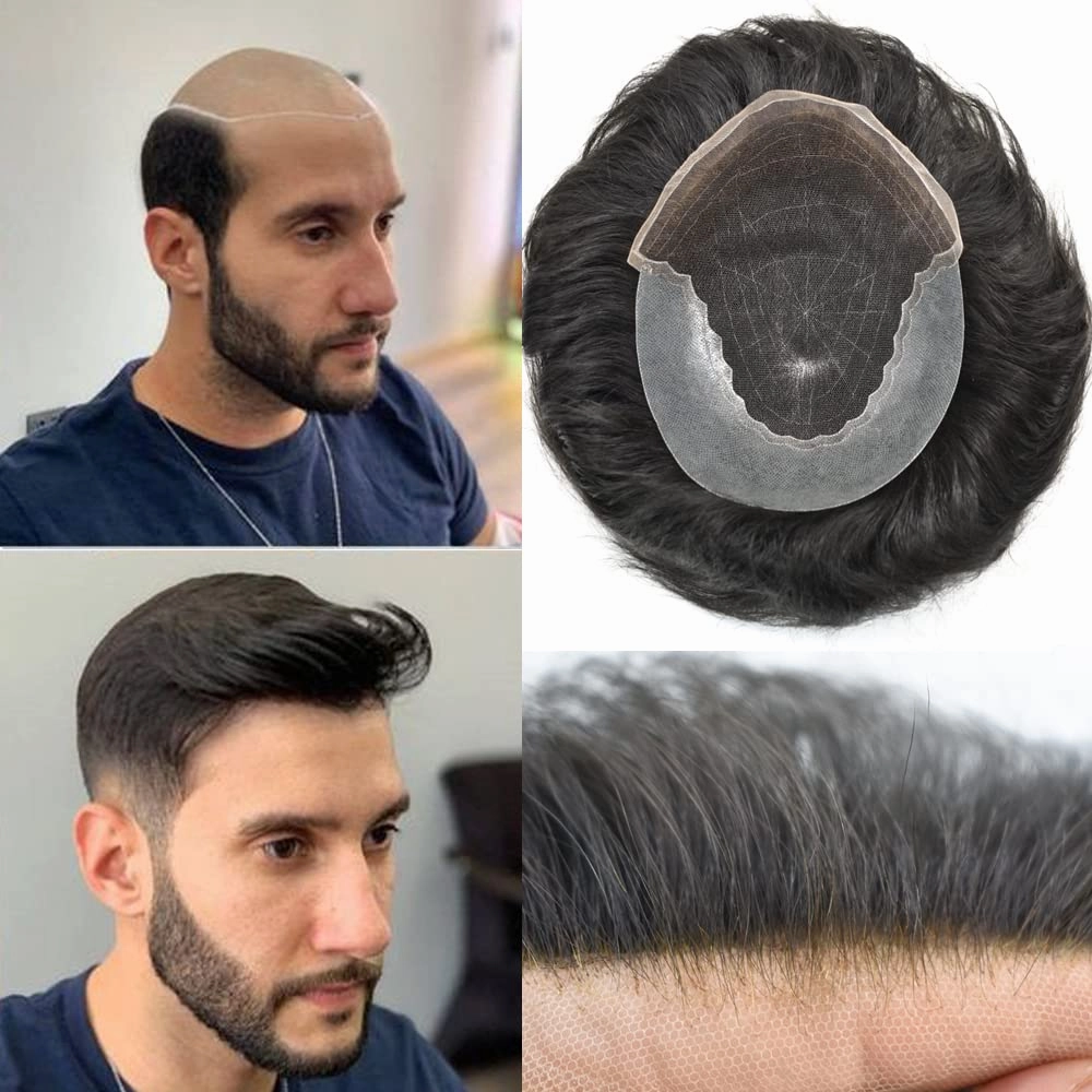 RESHE Mens Hair System French Lace Front Hair Pieces For Men Toupee For Men Real Human Hair Replacement System Slight Wavy Hand Tied Men's Hairpiece 7"X9"-90% Light density #2