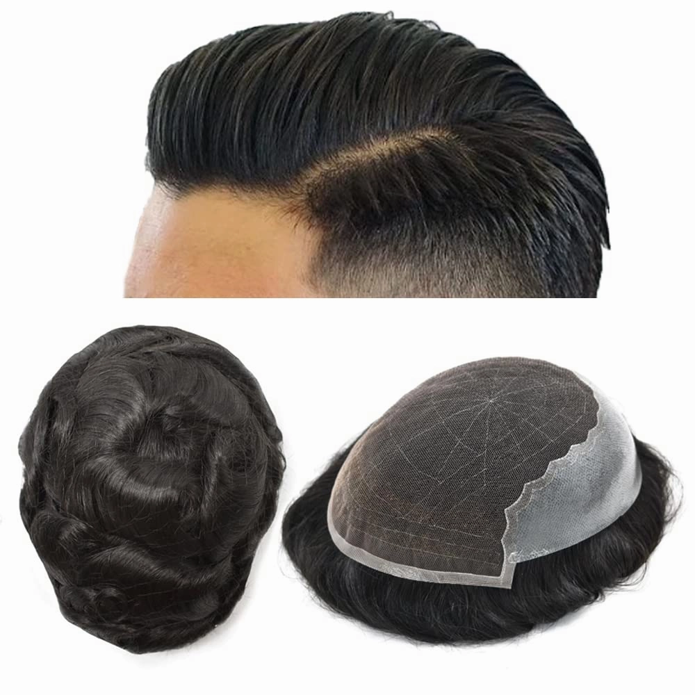 RESHE Mens Hair System French Lace Front Hair Pieces For Men Toupee For Men Real Human Hair Replacement System Slight Wavy Hand Tied Men's Hairpiece 7"X9"-90% Light density #2