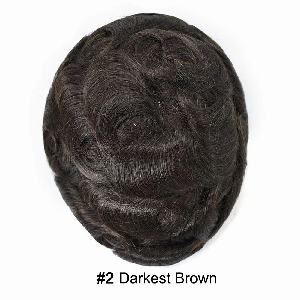 RESHE Mens Hair System French Lace Front Hair Pieces For Men Toupee For Men Real Human Hair Replacement System Slight Wavy Hand Tied Men's Hairpiece 7"X9"-90% Light density #2
