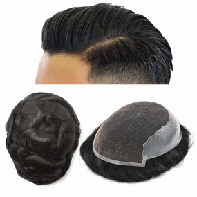 RESHE Mens Hair System French Lace Front Hair Pieces For Men Toupee For Men Real Human Hair Replacement System Slight Wavy Hand Tied Men's Hairpiece 7"X9"-90% Light density #2