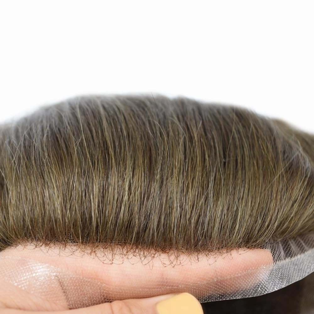 RESHE Mens Hair System French Lace Front Hair Pieces For Men Toupee For Men Real Human Hair Replacement System Slight Wavy Hand Tied Men's Hairpiece 8"x10"-80% Light density #7