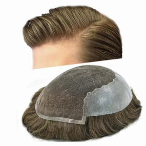 RESHE Mens Hair System French Lace Front Hair Pieces For Men Toupee For Men Real Human Hair Replacement System Slight Wavy Hand Tied Men's Hairpiece 8"x10"-80% Light density #7