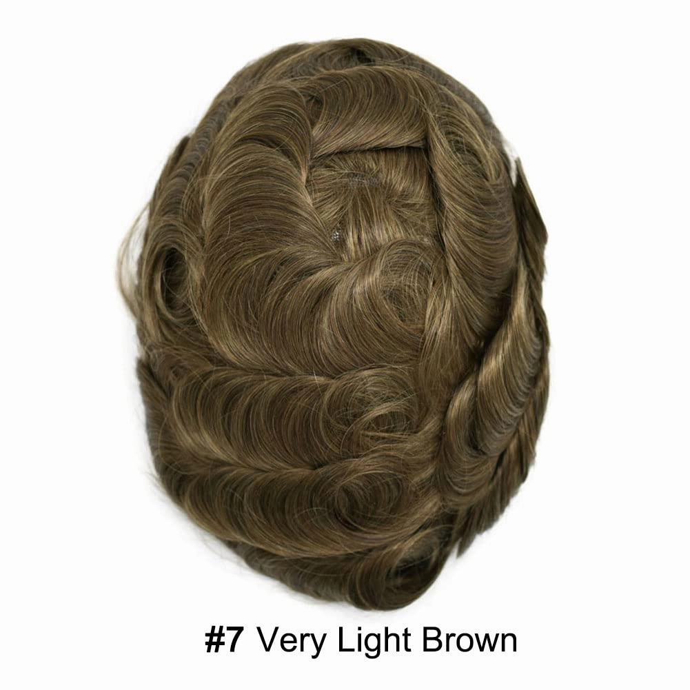 RESHE Mens Hair System French Lace Front Hair Pieces For Men Toupee For Men Real Human Hair Replacement System Slight Wavy Hand Tied Men's Hairpiece 8"x10"-80% Light density #7