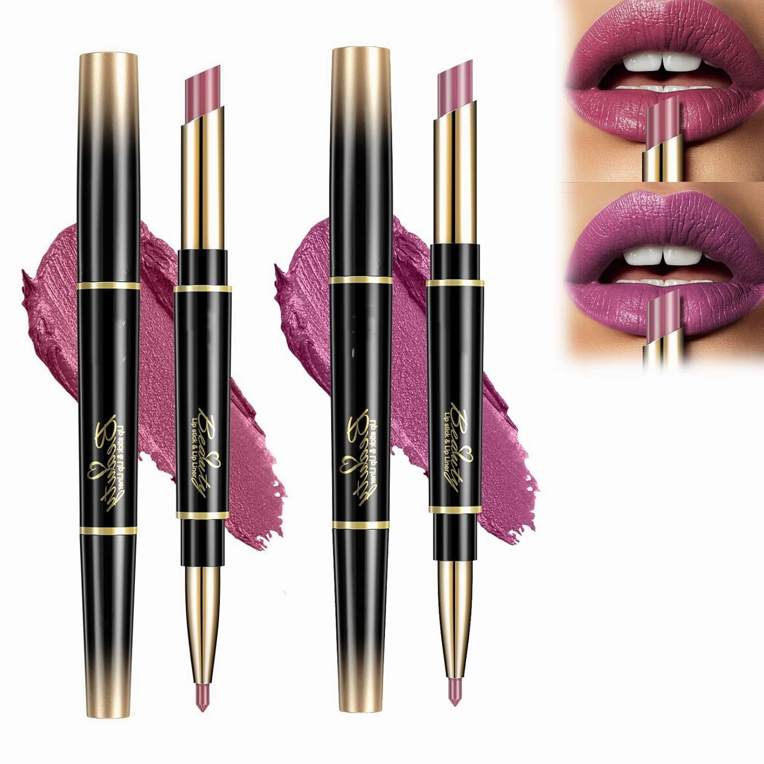 Retrospecti Lipstick, Retrospecti Lipstick, 2 in 1 Lip Liner Lipstick Set, Retrospecti Double-Ended Lipstick Automatic Lip Liner Matte Waterproof Non-fading Non-stick Lipstick (#1 #2, N)