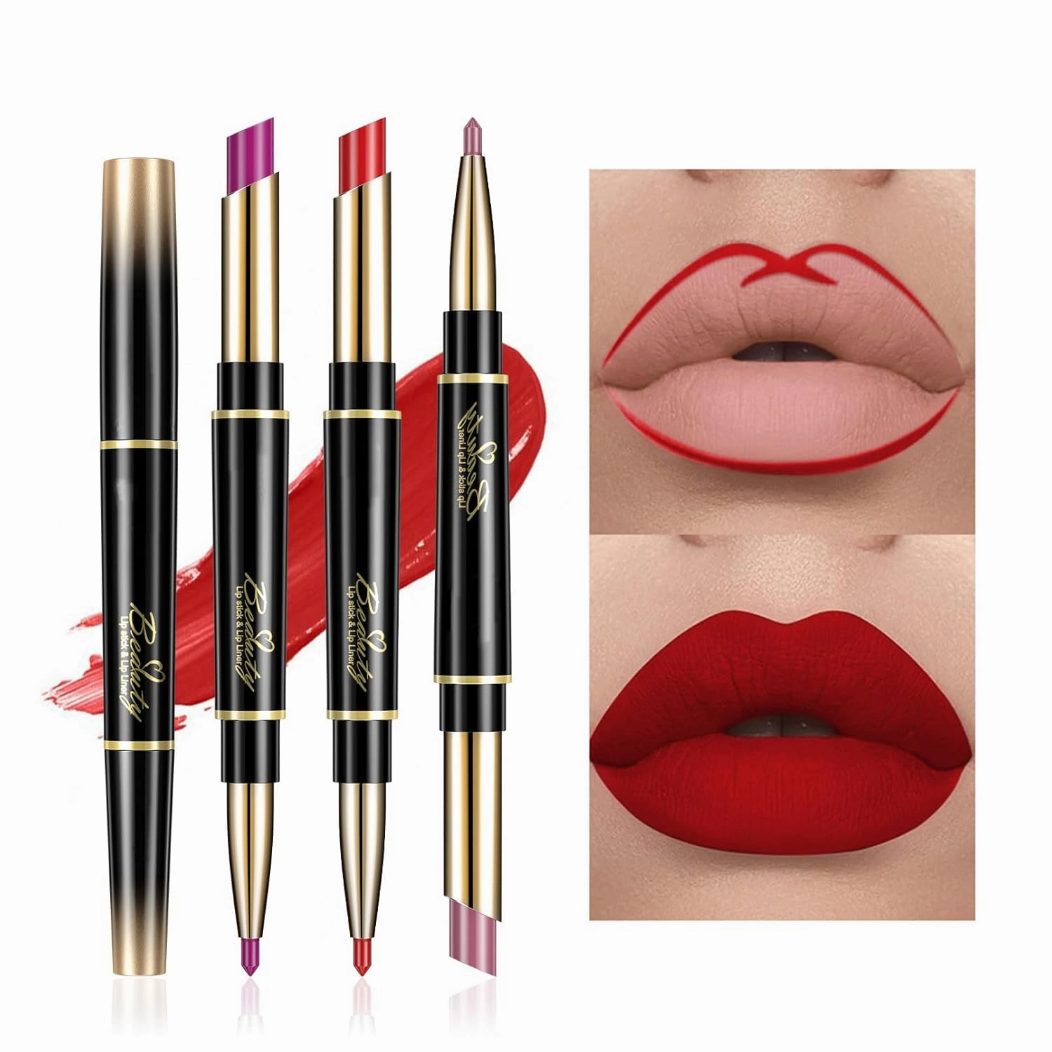 Retrospecti Lipstick, Retrospecti Lipstick, 2 in 1 Lip Liner Lipstick Set, Retrospecti Double-Ended Lipstick Automatic Lip Liner Matte Waterproof Non-fading Non-stick Lipstick (#1 #2, N)