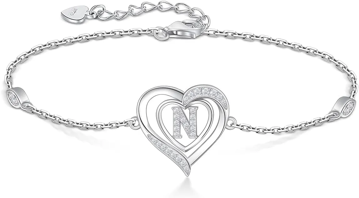 RIVIKO Heart Initial Bracelets for Women,925 Sterling Silver Letter Bracelets, Personalized Charm Alphabet Jewelry Valentines Christmas Mother’s Day Birthday Gifts for Women Friend Her Mom Wife Lady