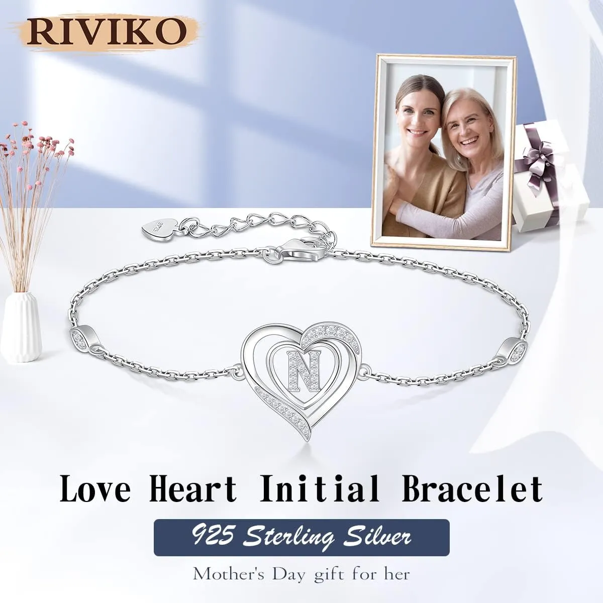 RIVIKO Heart Initial Bracelets for Women,925 Sterling Silver Letter Bracelets, Personalized Charm Alphabet Jewelry Valentines Christmas Mother’s Day Birthday Gifts for Women Friend Her Mom Wife Lady
