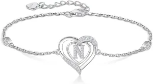 RIVIKO Heart Initial Bracelets for Women,925 Sterling Silver Letter Bracelets, Personalized Charm Alphabet Jewelry Valentines Christmas Mother’s Day Birthday Gifts for Women Friend Her Mom Wife Lady