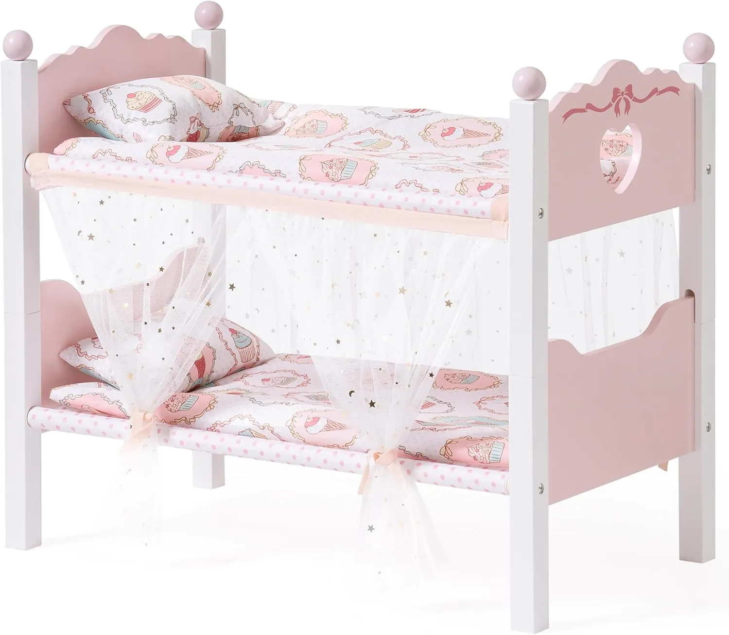 ROBOTIME Baby Doll Bunk Beds, Wooden Baby Doll Crib with Starry Curtain, Stackable Toy Crib for 18 Inch Dolls, Doll Bed Playset with Bedding Accessories, for Kids 3  (Pink, 2 Pcs Beds)
