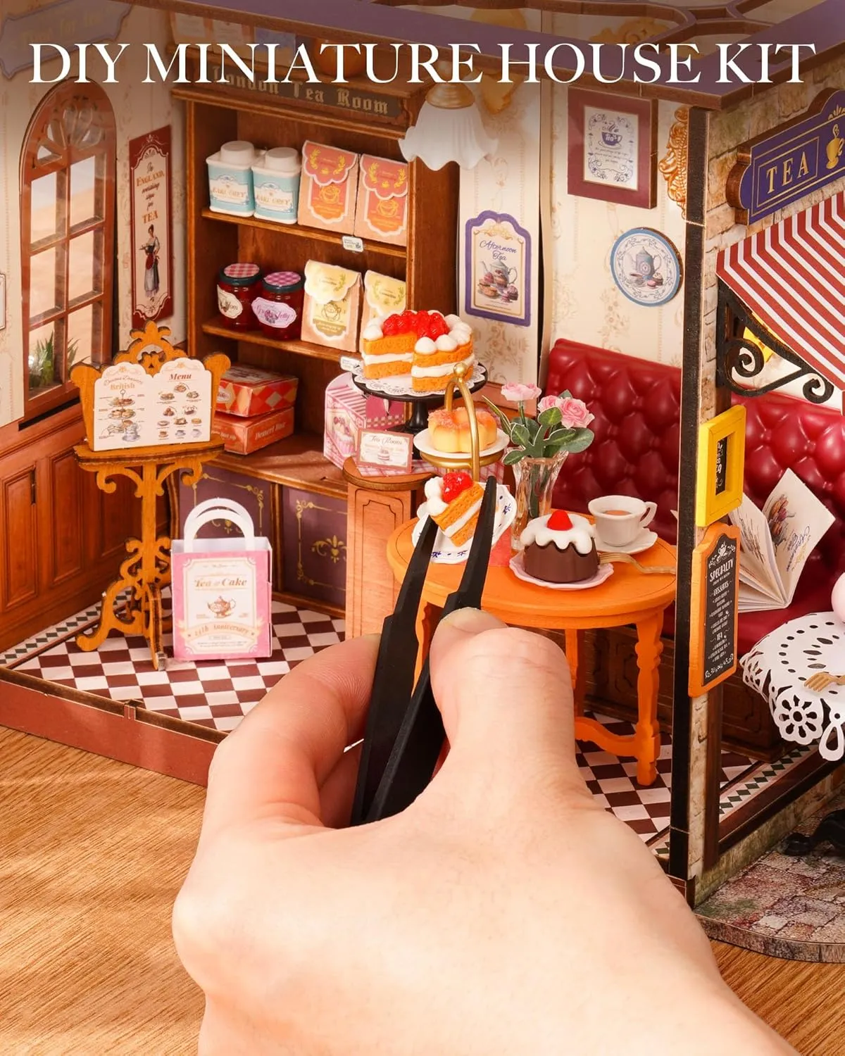 ROBOTIME DIY Miniature House Kit, Bakery Diorama House, Tiny House Kit for Adults, Mini Dollhouse Kit with Furniture Birthday Christmas Craft Hobbies Gift for Family/Friends (Leisure Time Tea Room)