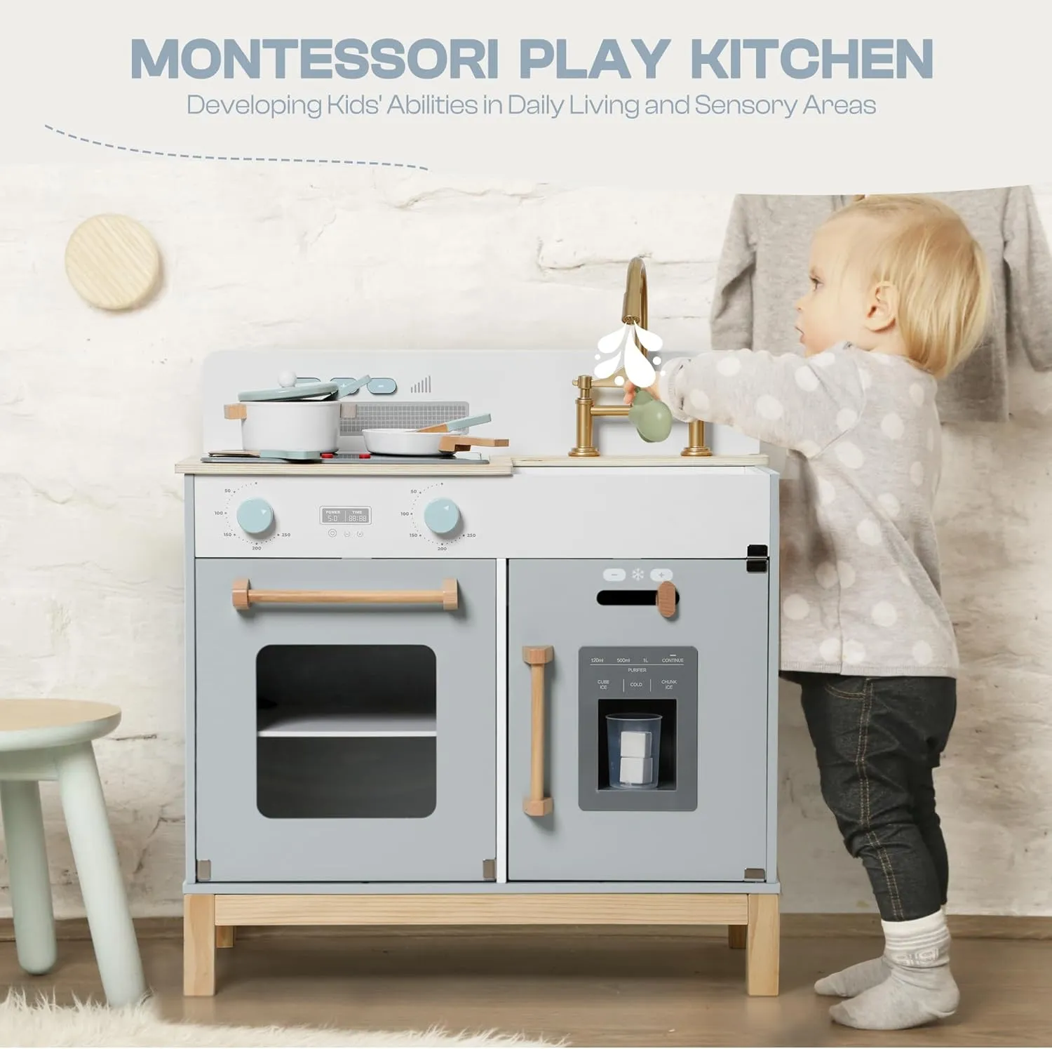ROBOTIME Play Kitchen for Toddlers, Wooden Kids Play Kitchen Playset with Real Lights & Sounds/Ice Cube Dispenser, Pretend Play Toy Kitchen, Gift for Ages 3  (Blue)