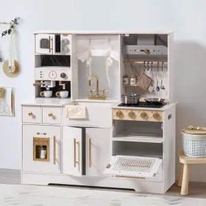 ROBOTIME Wooden Play Kitchen for Kids, Toddler Kitchen Playset with Ice Maker and Coffee Machine, Realistic Kids Play Kitchen Toy Gift for Girls & Boys Ages 3 (White)