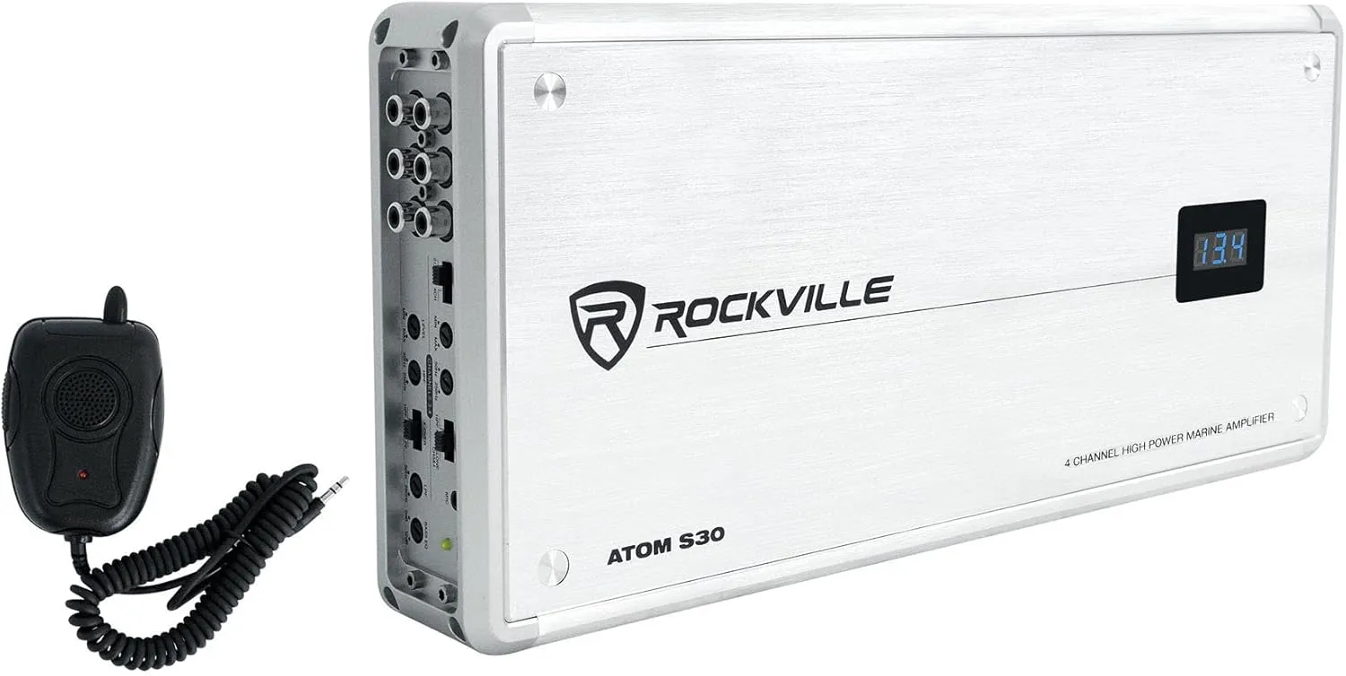Rockville Atom S30 2400W 4-Channel Marine Amplifier 2/4 Ohm, Volt Meter, PA Mic, Bluetooth, Perfect for Boats and Marine Audio Systems