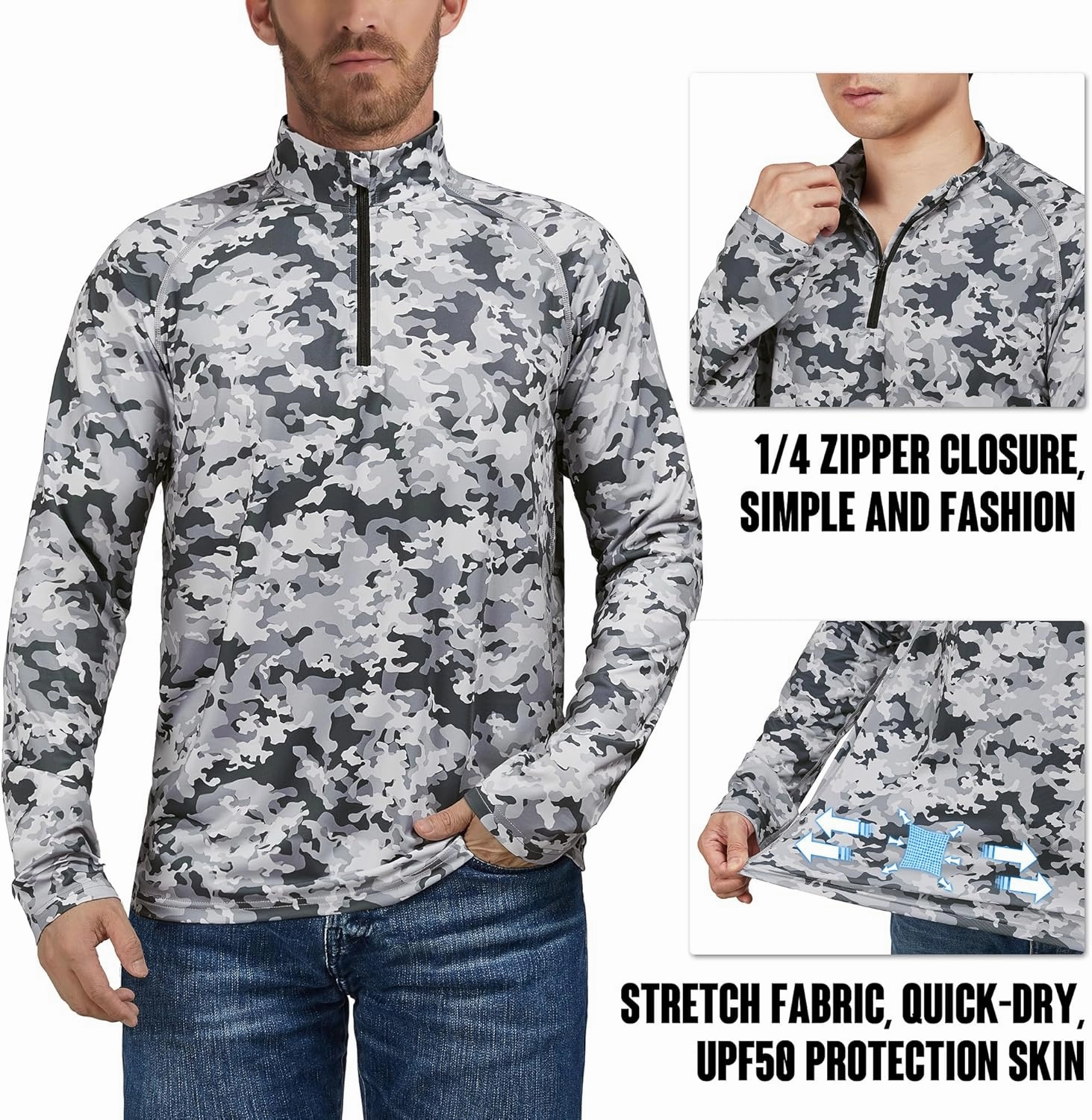 Rodeel Men's Running Hiking Shirts 1/4 Zip UPF 50  Sun Protection Long Sleeve Shirt