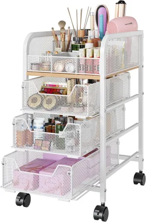 Rolling 4-Tier Narrow Floor Makeup Cart Organizer with 3 Drawers - Vanity Organizer for Makeup Brush, Hair Tool, White