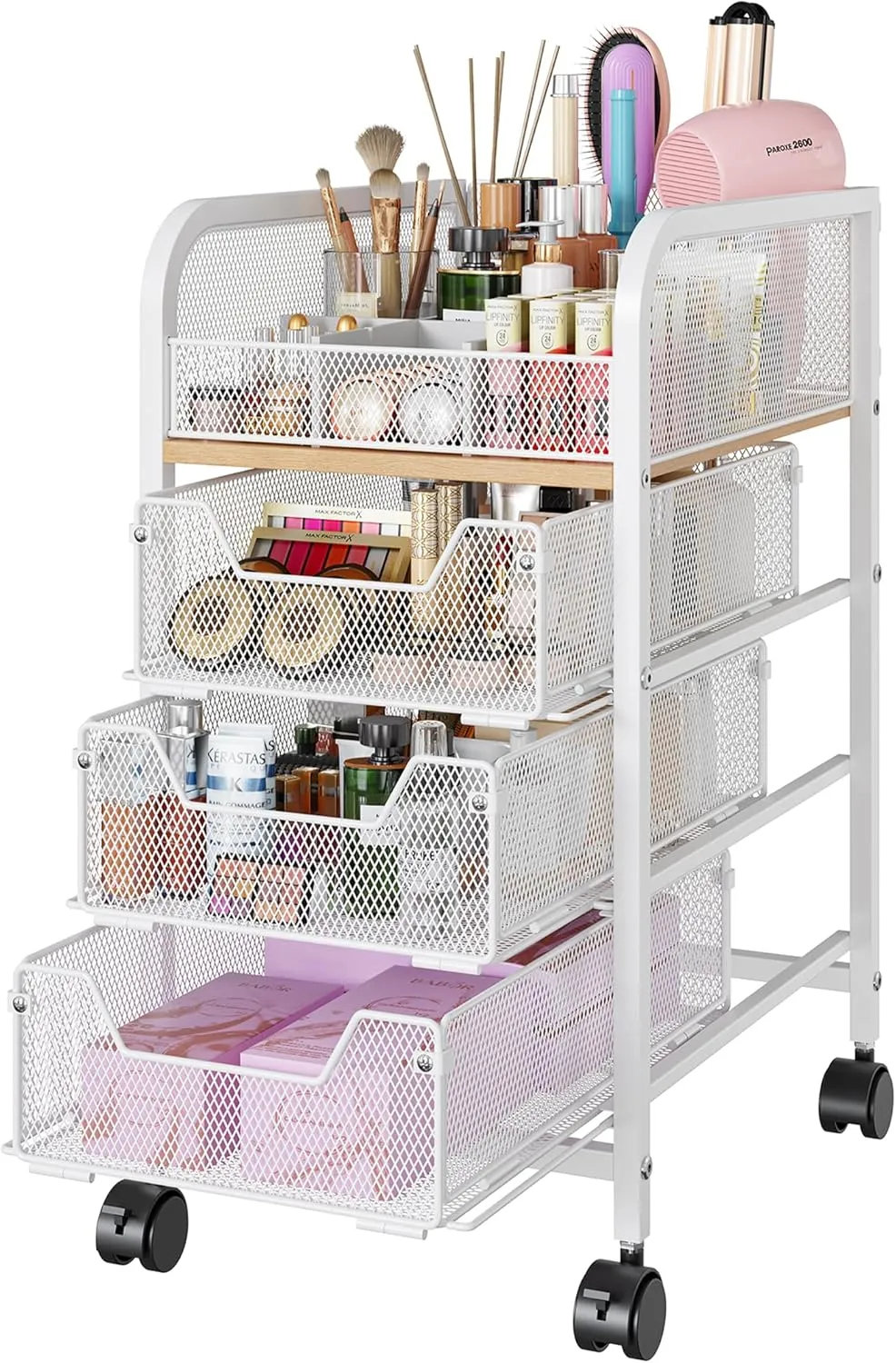 Rolling 4-Tier Narrow Floor Makeup Cart Organizer with 3 Drawers - Vanity Organizer for Makeup Brush, Hair Tool, White