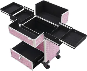 Rolling Makeup Case, Extra Large Makeup Train Case with 4 Tray, Manicure Storage Case on Wheels Stylish Polish Organizer for Nail Technician Artists Cosmetologist Stylist