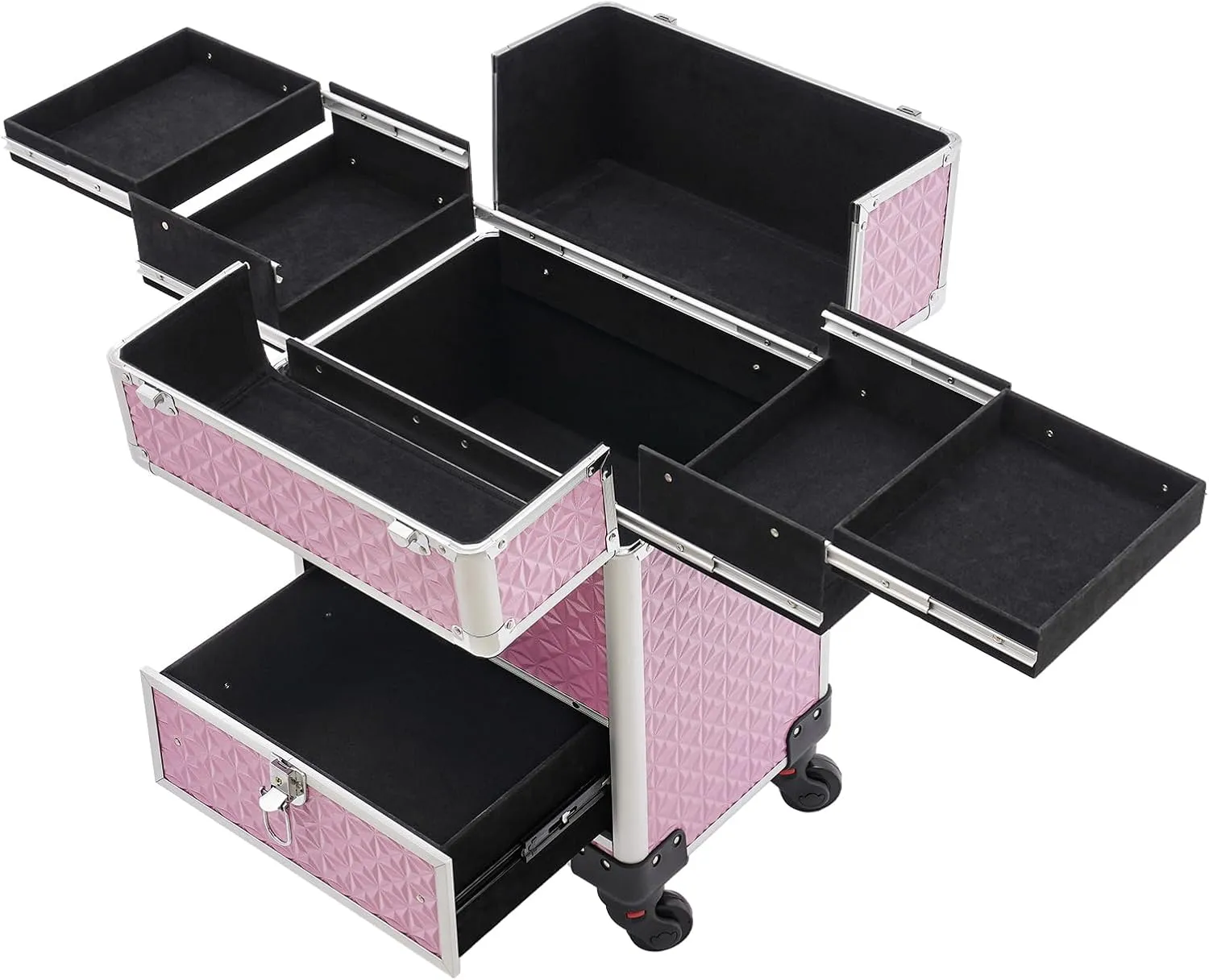 Rolling Makeup Case, Extra Large Makeup Train Case with 4 Tray, Manicure Storage Case on Wheels Stylish Polish Organizer for Nail Technician Artists Cosmetologist Stylist