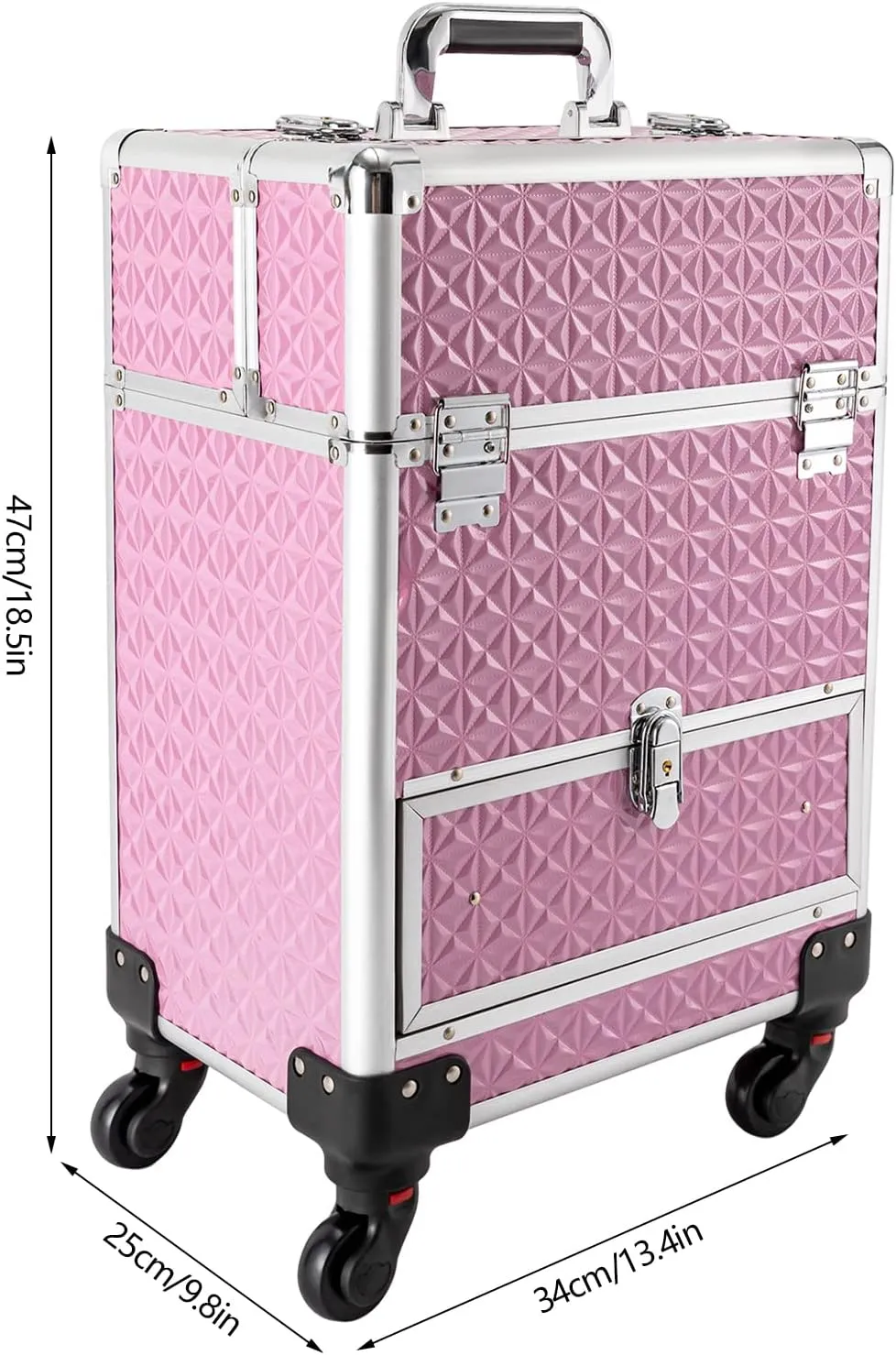Rolling Makeup Train Case Cosmetic Trolley 3 Tier Cosmetic Organizer with Removable Wheels Salon Barber Case for Makeup Artist Tattooist Nail Tech Hairstylists (Aluminum Alloy, Light Pink)