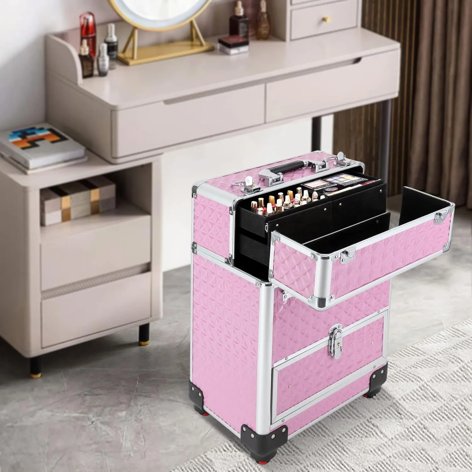 Rolling Makeup Train Case Cosmetic Trolley 3 Tier Cosmetic Organizer with Removable Wheels Salon Barber Case for Makeup Artist Tattooist Nail Tech Hairstylists (Aluminum Alloy, Light Pink)