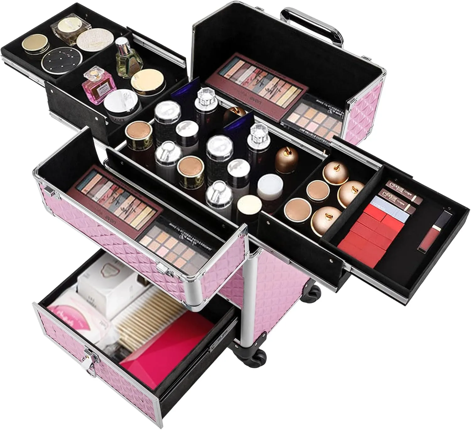 Rolling Makeup Train Case Cosmetic Trolley 3 Tier Cosmetic Organizer with Removable Wheels Salon Barber Case for Makeup Artist Tattooist Nail Tech Hairstylists (Aluminum Alloy, Light Pink)