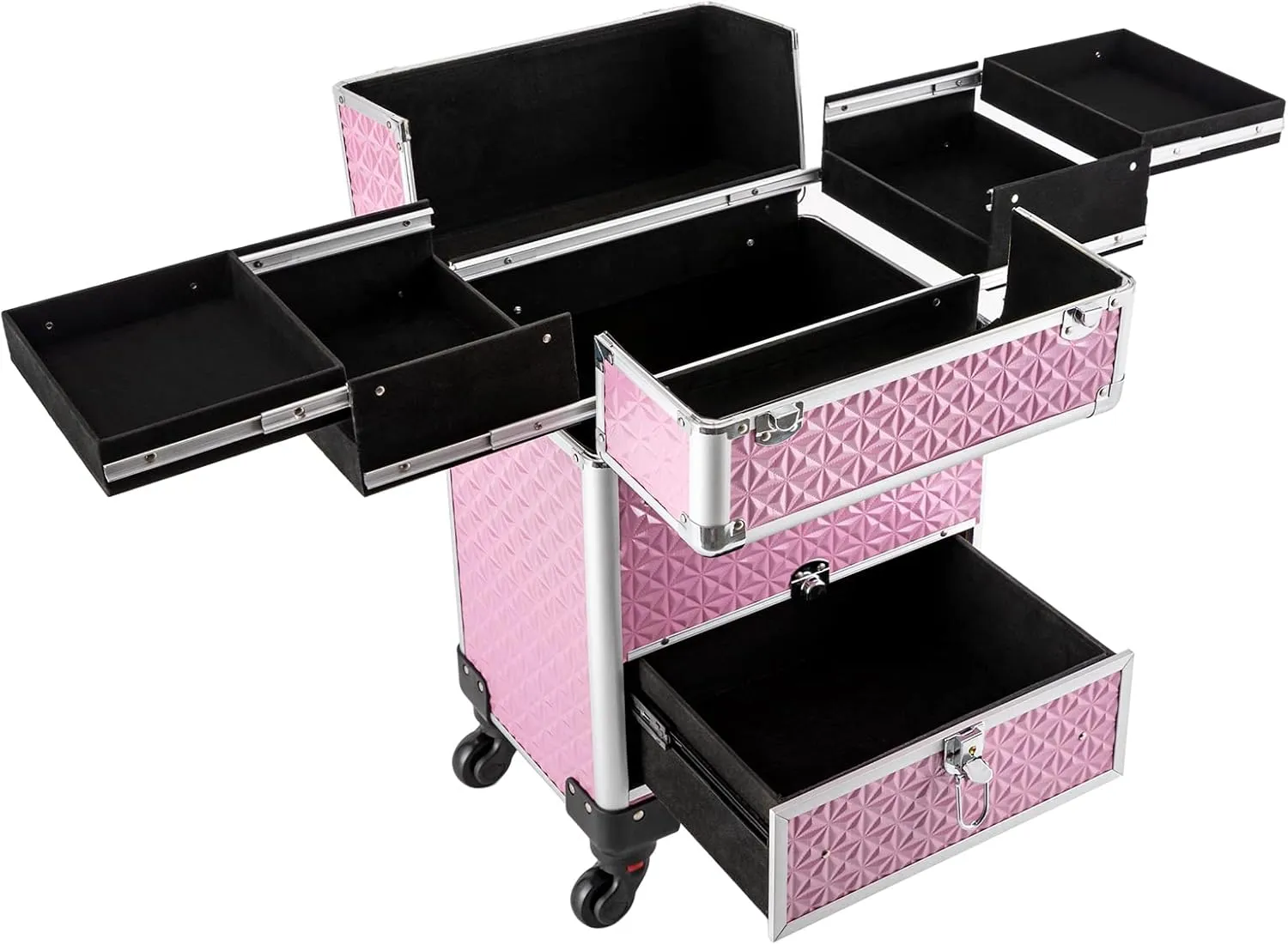 Rolling Makeup Train Case Cosmetic Trolley 3 Tier Cosmetic Organizer with Removable Wheels Salon Barber Case for Makeup Artist Tattooist Nail Tech Hairstylists (Aluminum Alloy, Light Pink)