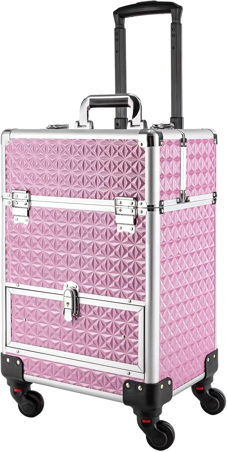 Rolling Makeup Train Case Cosmetic Trolley 3 Tier Cosmetic Organizer with Removable Wheels Salon Barber Case for Makeup Artist Tattooist Nail Tech Hairstylists (Aluminum Alloy, Light Pink)