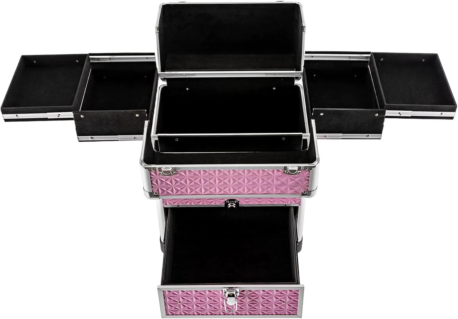 Rolling Makeup Train Case Cosmetic Trolley 3 Tier Cosmetic Organizer with Removable Wheels Salon Barber Case for Makeup Artist Tattooist Nail Tech Hairstylists (Aluminum Alloy, Light Pink)