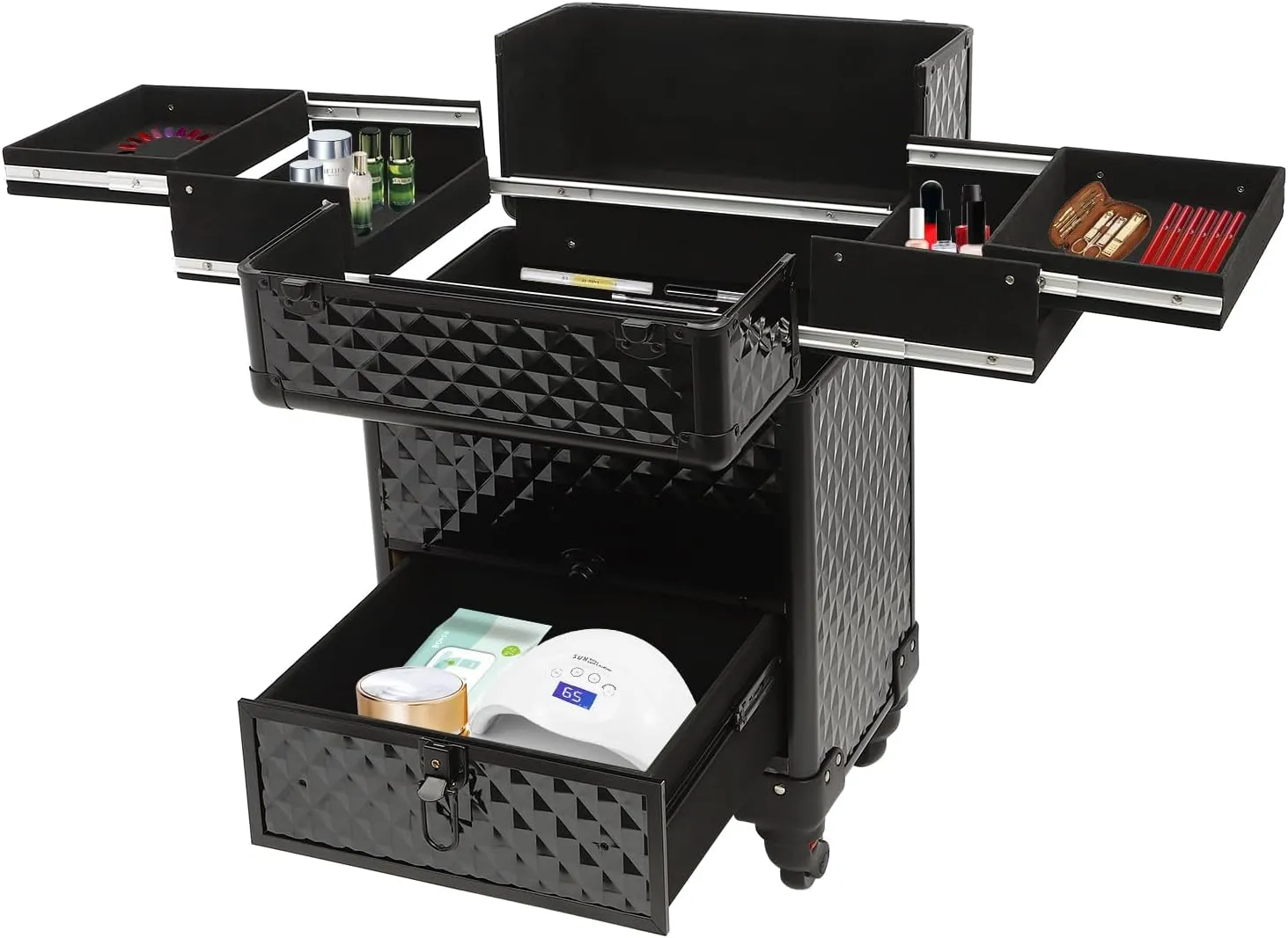 Rolling Makeup Train Case, Manicure Storage Case Organizer Professional Makeup Trolley for Studio or Travelling Nail Technician Artists Cosmetologist Stylist (Black)