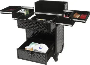 Rolling Makeup Train Case, Manicure Storage Case Organizer Professional Makeup Trolley for Studio or Travelling Nail Technician Artists Cosmetologist Stylist (Black)