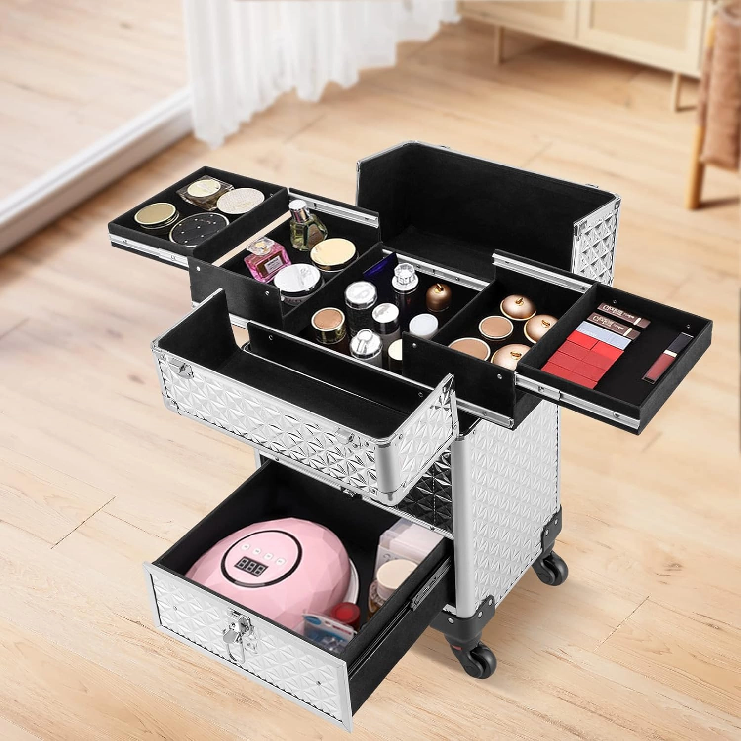 Rolling Makeup Train Case Cosmetic Trolley 3 Tier Cosmetic Organizer with Removable Wheels Salon Barber Case for Makeup Artist Tattooist Nail Tech Hairstylists (Aluminum Alloy, Silver)