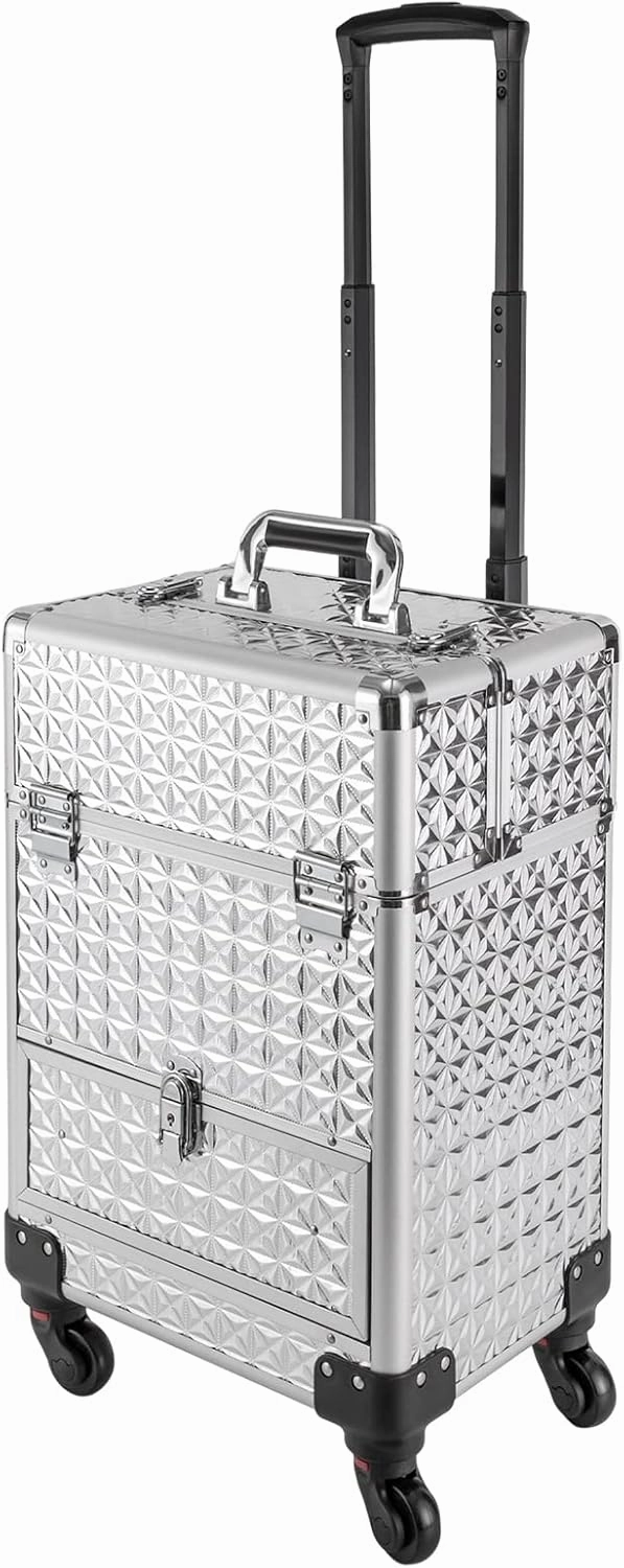 Rolling Makeup Train Case Cosmetic Trolley 3 Tier Cosmetic Organizer with Removable Wheels Salon Barber Case for Makeup Artist Tattooist Nail Tech Hairstylists (Aluminum Alloy, Silver)
