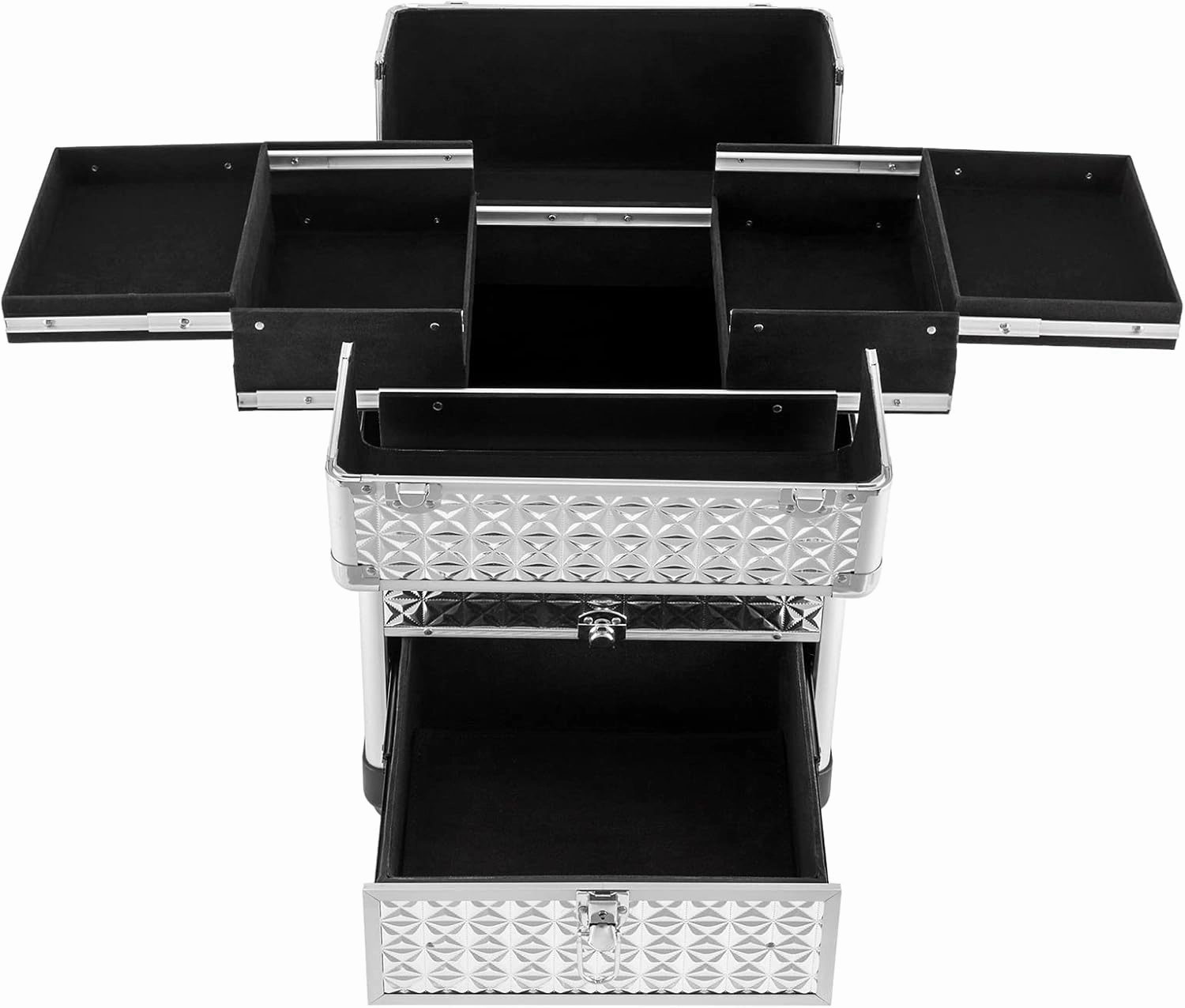 Rolling Makeup Train Case Cosmetic Trolley 3 Tier Cosmetic Organizer with Removable Wheels Salon Barber Case for Makeup Artist Tattooist Nail Tech Hairstylists (Aluminum Alloy, Silver)